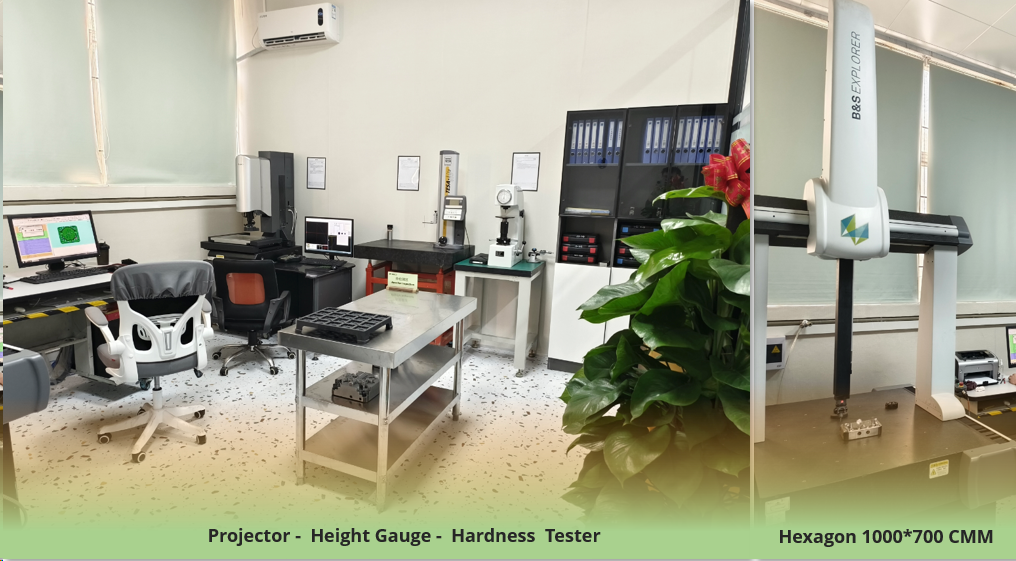Quality inspection room with projector, height gauge, hardness tester and Hexagon CMM