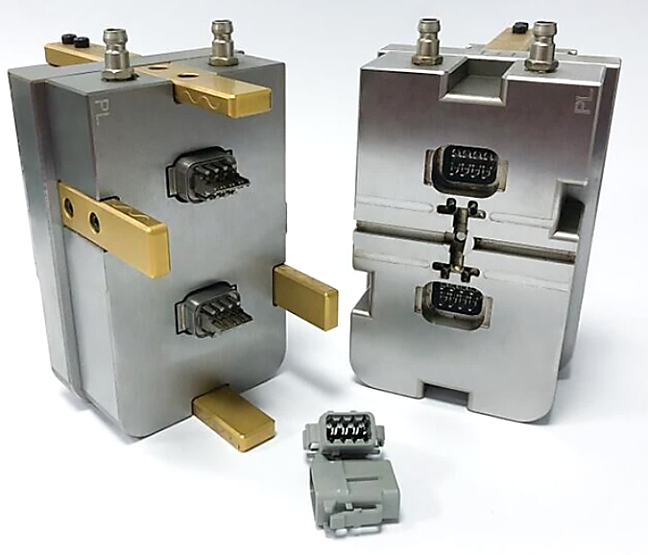 Connector moulds shown with representative moulded connector samples